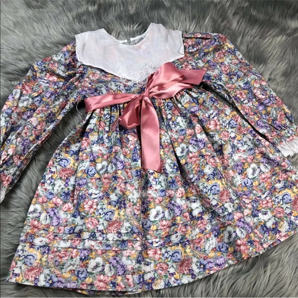 Vintage Flower Embroidery Long Sleeve Pink Party Dress